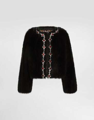 Dolce & Gabbana Fluffy sheepskin jacket with inlay Brown F27GEZFUPFQ