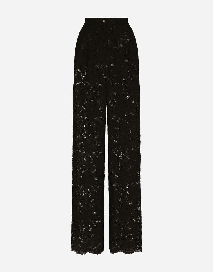 Dolce & Gabbana Ausgestellte Hose aus elastischer Spitze mit Logo Schwarz FTCPTTFLRE1