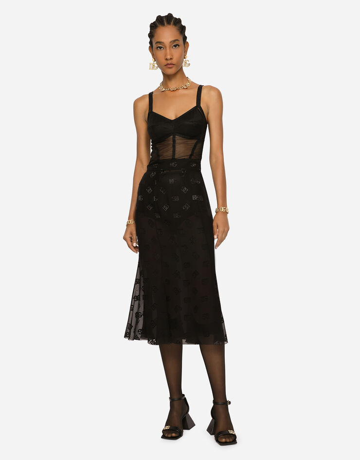 Dolce & Gabbana Devoré satin skirt with all-over DG logo Black F4CCHTFJTBR