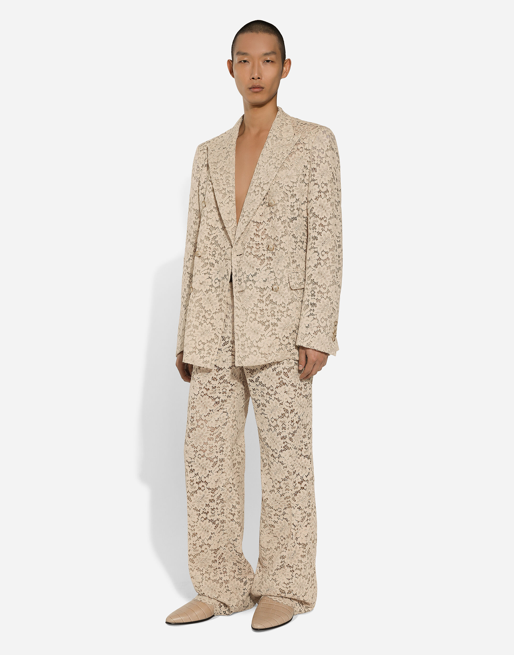 Double-breasted cordonetto lace jacket in Beige for Men