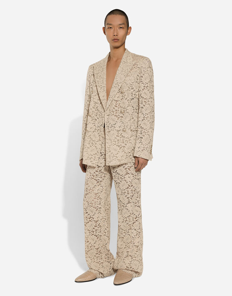 Dolce & Gabbana جاكيت دانتيل كوردونيتو بصف أزرار مزدوج بيج G2SV7THLMGE