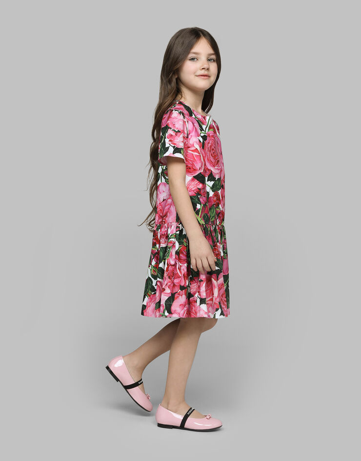 Dolce & Gabbana Vestido de popelina con estampado de rosas sobre base blanca Imprima L53DX6HS5SC