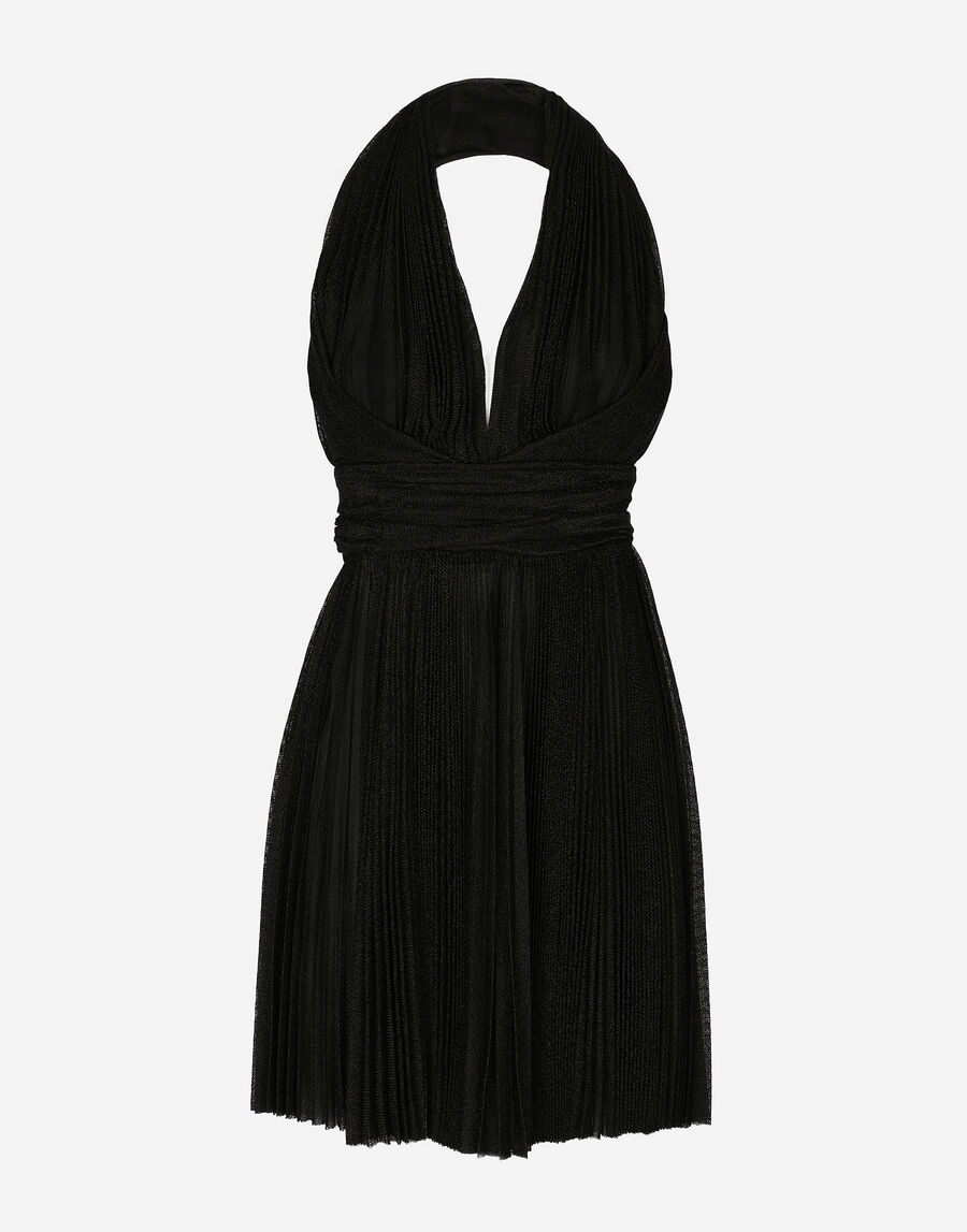 Short pleated lurex mesh dress