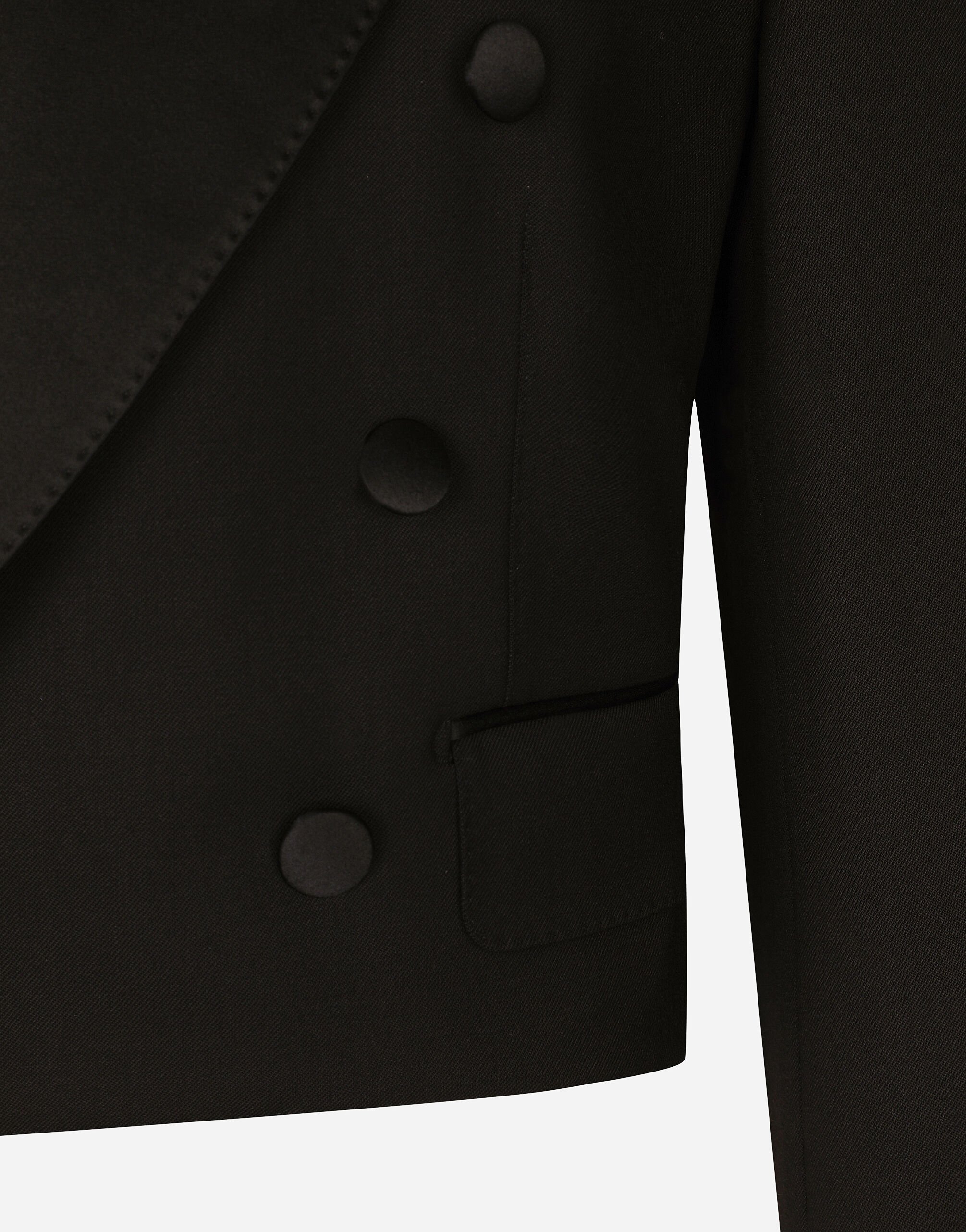 Cropped double-breasted wool tuxedo jacket in Black for