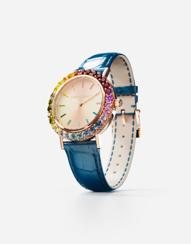 Dolce & Gabbana Iris watch in rose gold with multi-colored fine gems Blue WWLB2GXA1XA
