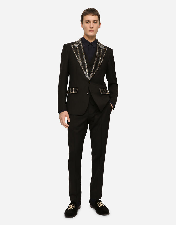 Dolce & Gabbana Three-piece stretch wool Sicilia-fit suit with rhinestones Black GKGIMZFUBE7