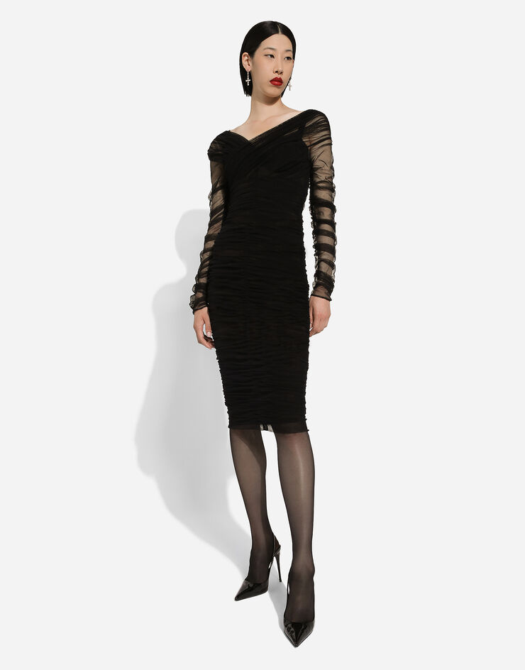Dolce & Gabbana Draped midi dress in cotton tulle Black F6G8QTFLEAA