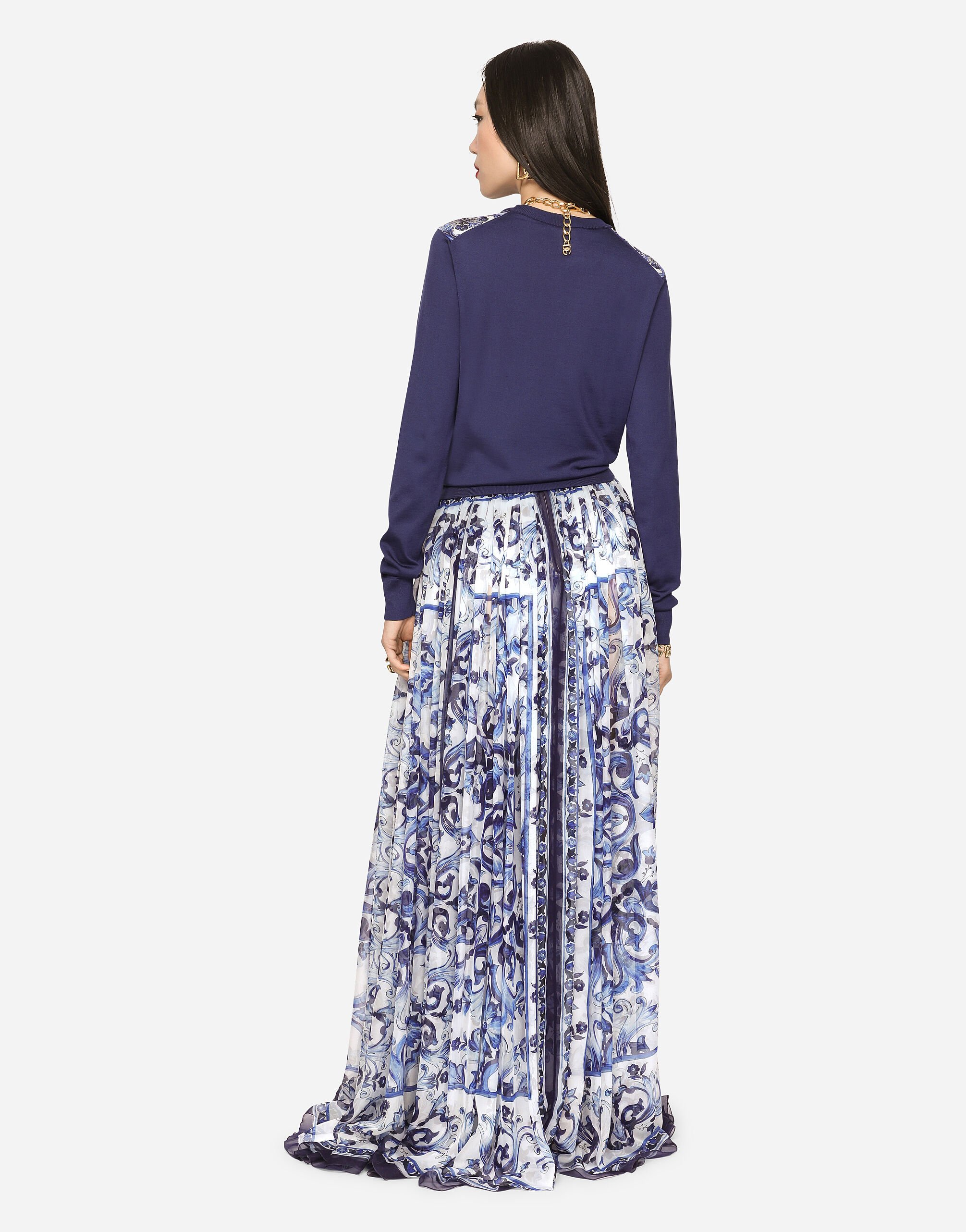 Long majolica-print chiffon skirt in Multicolor for Women