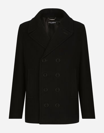 Dolce & Gabbana Chaquetón de botonadura doble en lana con placa con logotipo Negro G036CTFUSXS