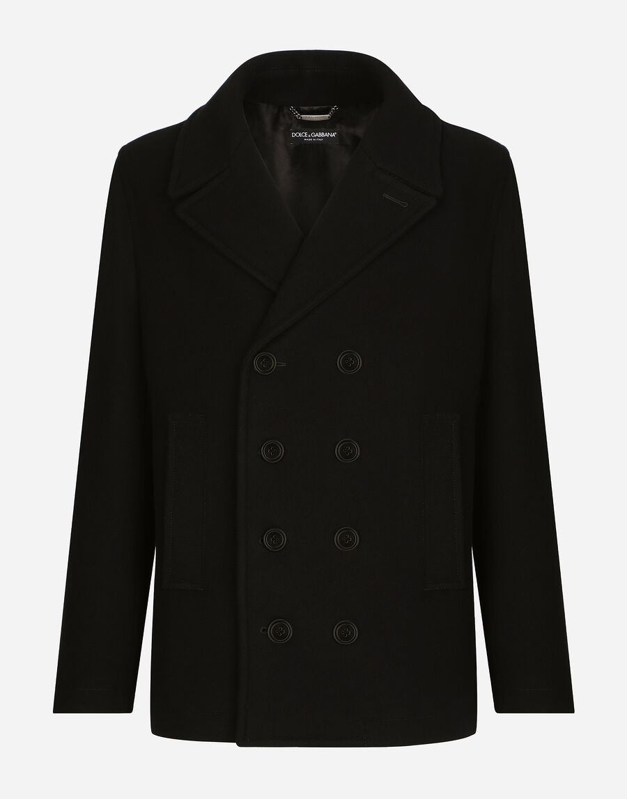 Double-breasted wool pea coat with branded tag