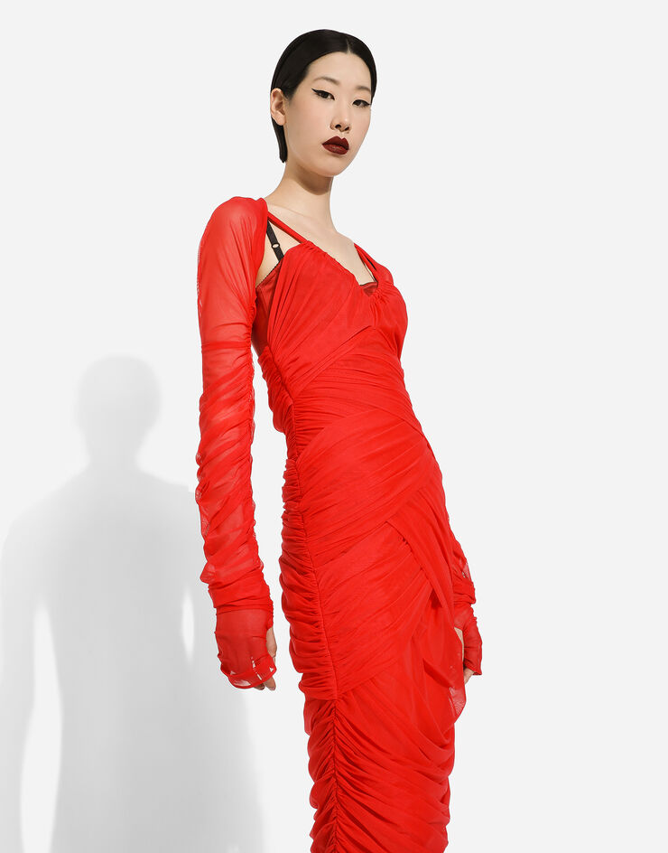 Dolce&Gabbana Tulle draped calf-length dress Red F6DJTTFLRC2