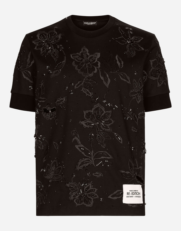 Cotton interlock Tshirt with embroidery in Black for Men Dolce