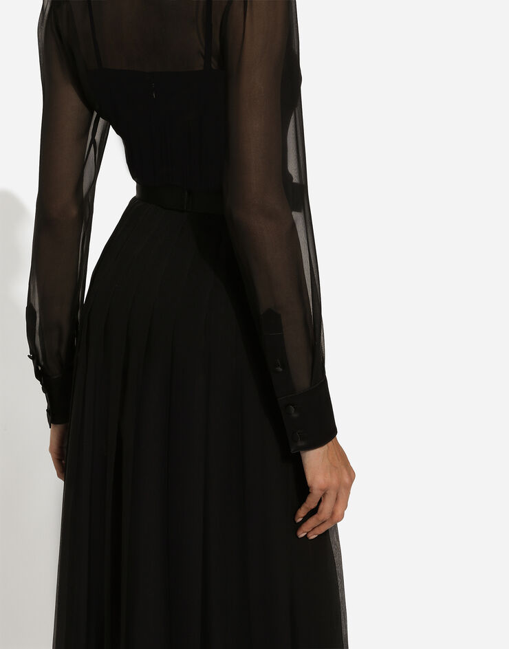 Dolce & Gabbana Chiffon calf-length shirt dress with satin details Black F6IAJTFU1AT