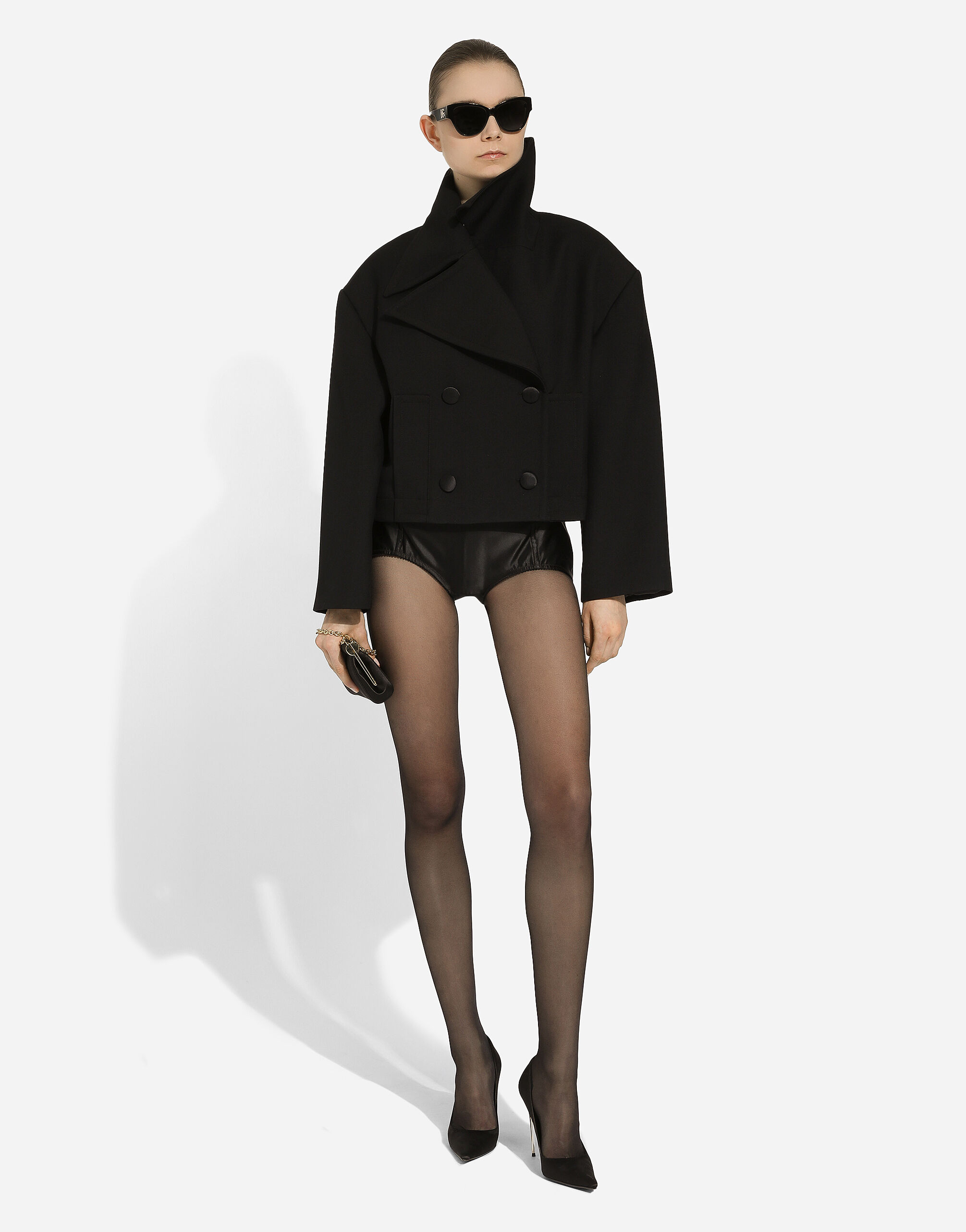 Short oversize wool gabardine jacket in Black for Women
