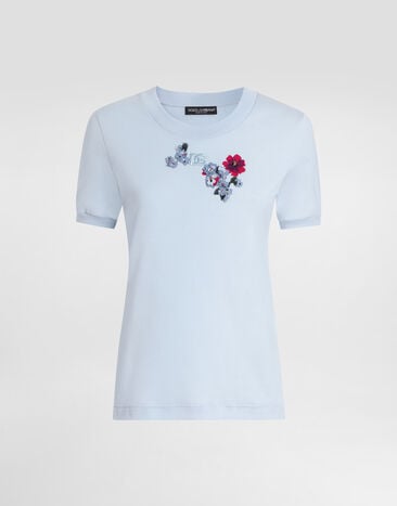 Dolce & Gabbana Jersey t-shirt with flower patch Azure F8N08ZGDDL2