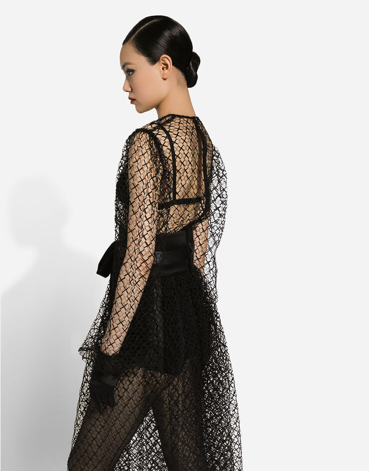 Dolce & Gabbana Longuette-Kleid Netzgewebe mit Gürtel aus Wollkrepp Schwarz F6JOITILMBE