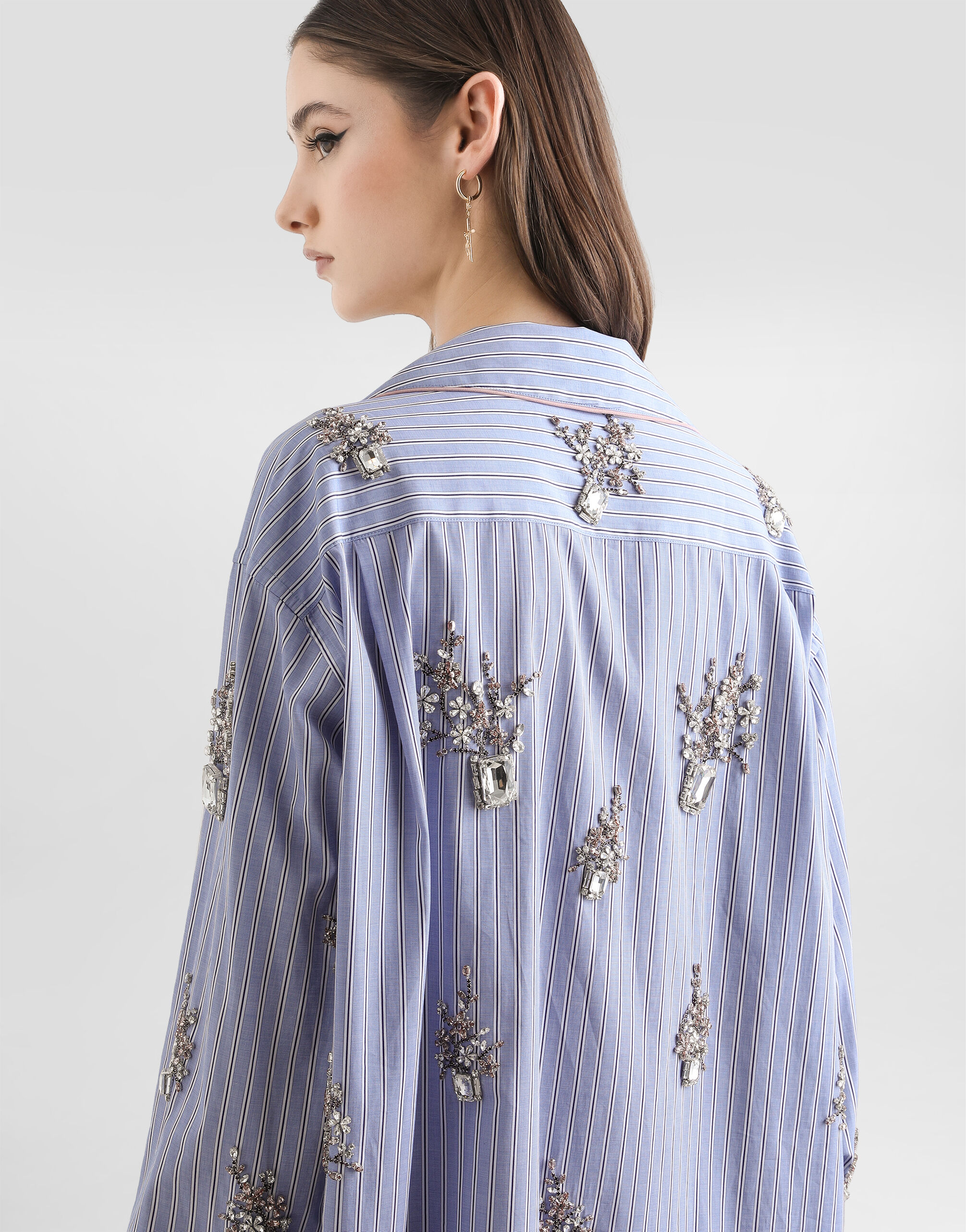 Cotton shirt with crystal flower embroidery in Multicolor for