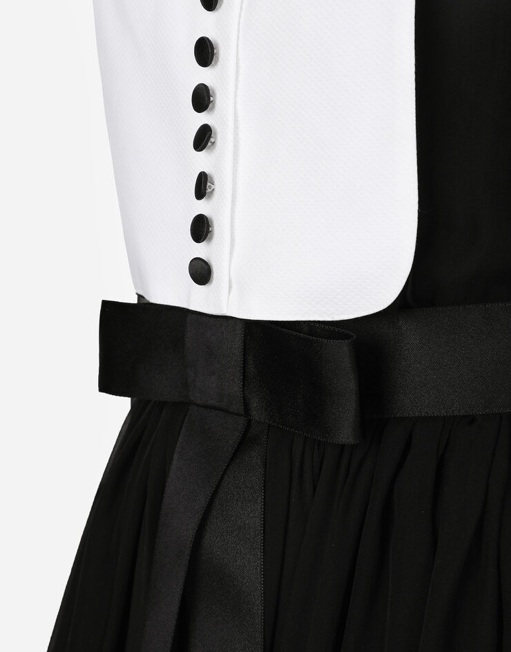 Dolce & Gabbana Vestido camisero midi de chifón con plastrón y puños de piqué Negro F6JGXTFU1AT