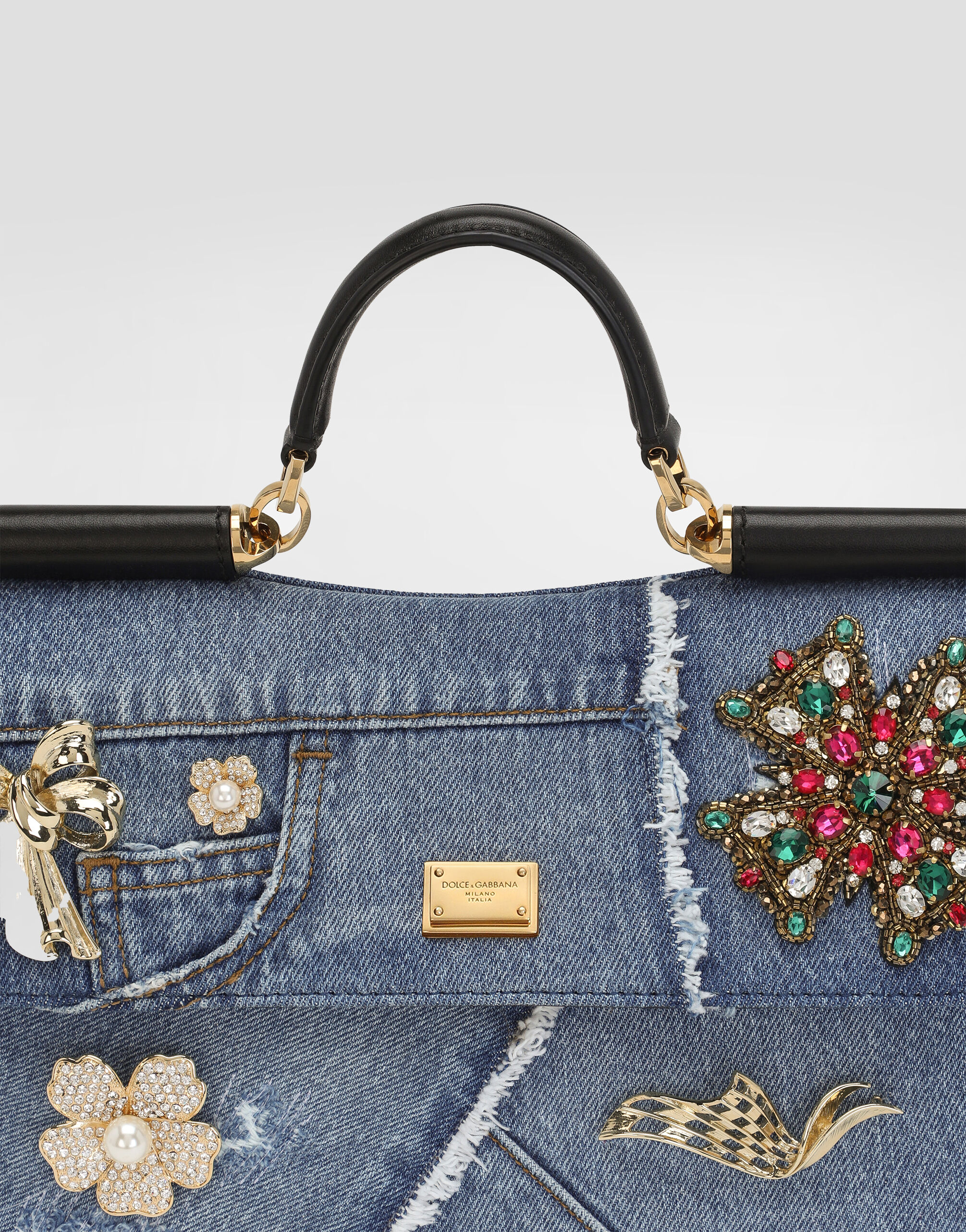 Medium My Sicily denim handbag with embroidery in Multicolor for