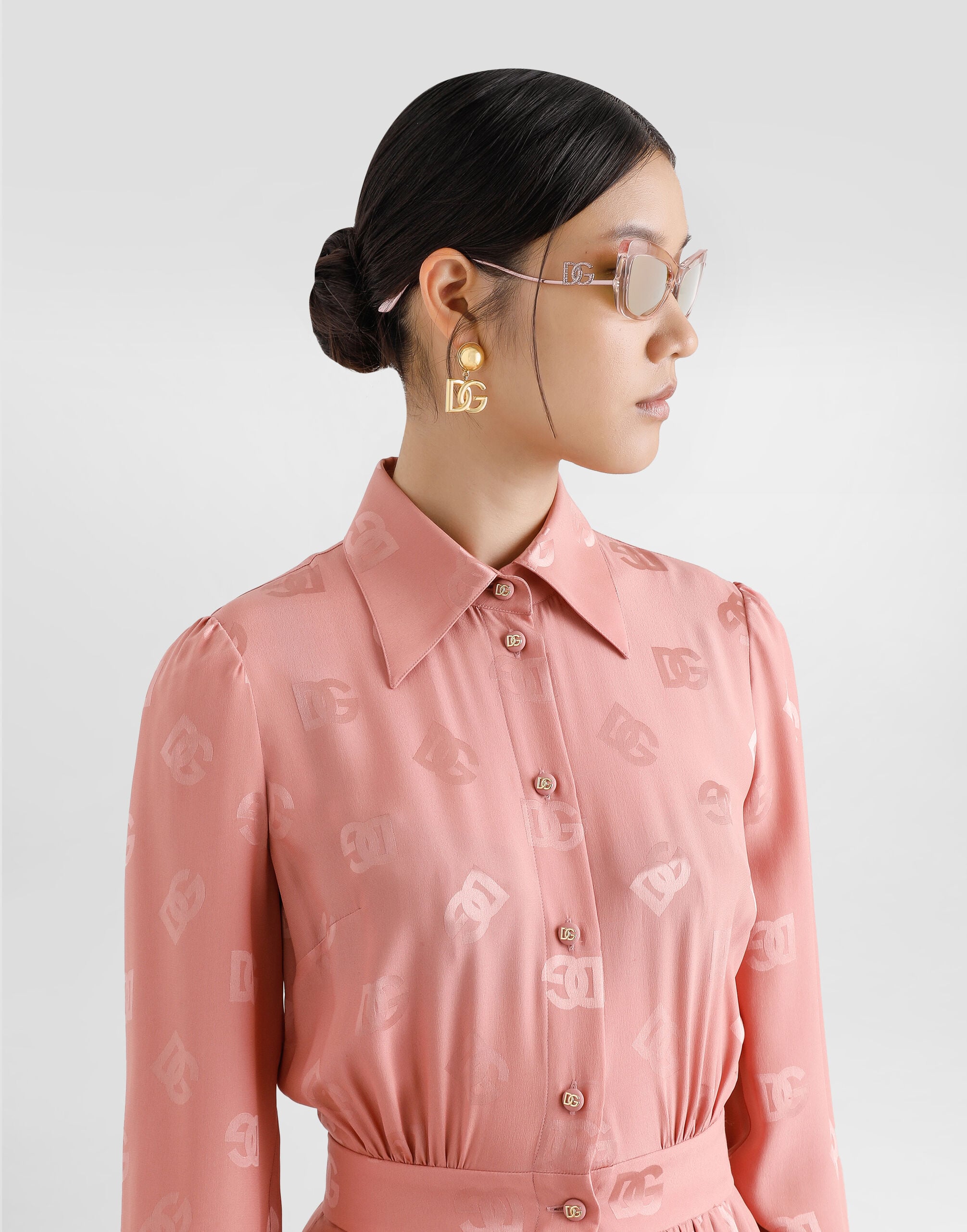 Silk satin jacquard shirt dress with DG logo in Pink for Women