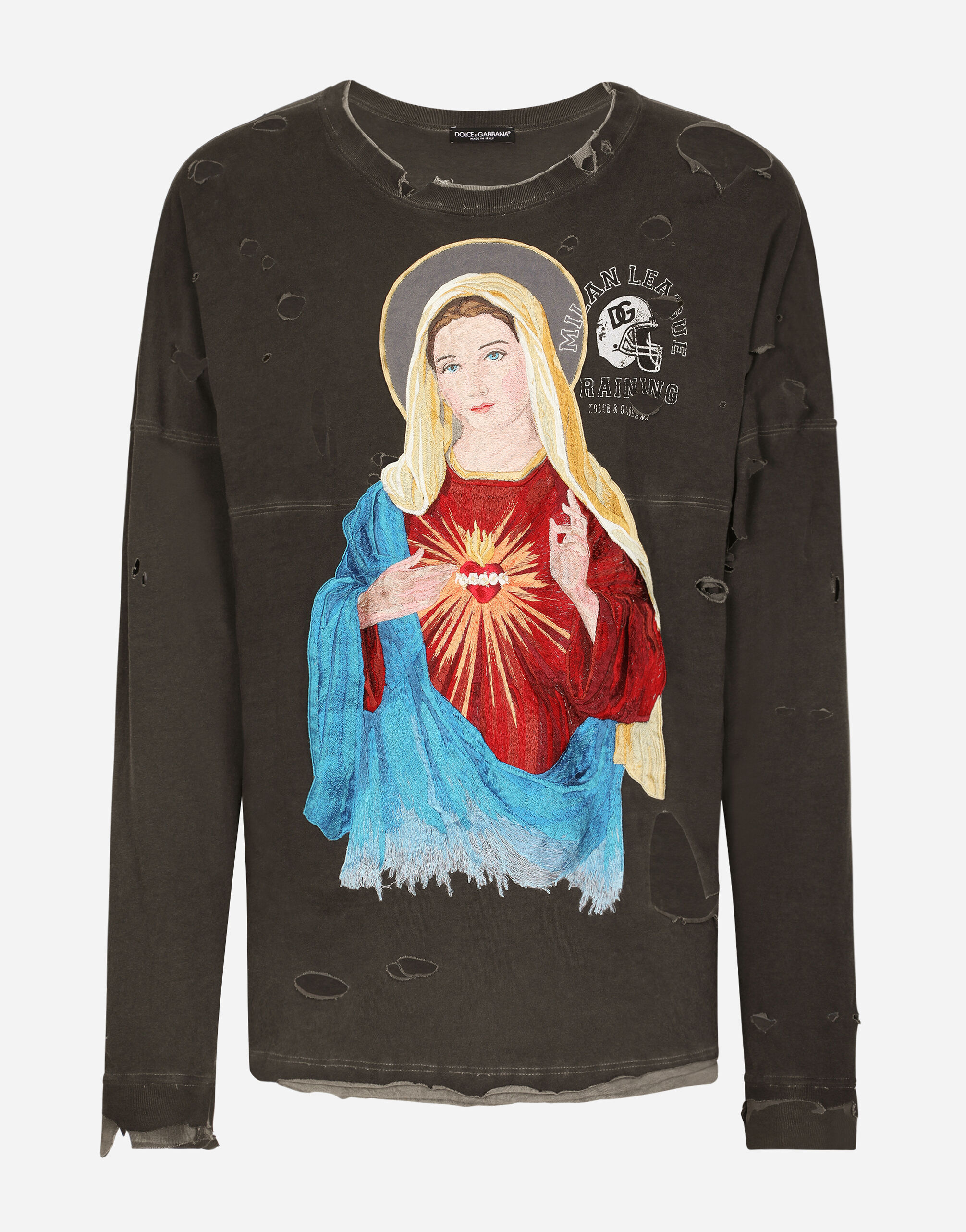 Dolce & Gabbana Long-sleeved round-neck T-shirt in washed cotton with patch detailing Blue G8KK1TFU7EN