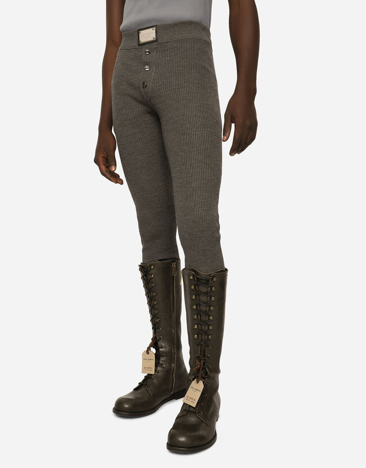 Dolce&Gabbana Wool fine-rib leggings with logo tag Grey GXR51TJCVL9