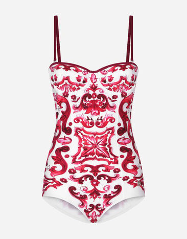 Dolce & Gabbana Majolica print balconette one-piece swimsuit White G2NW0TFUMJN