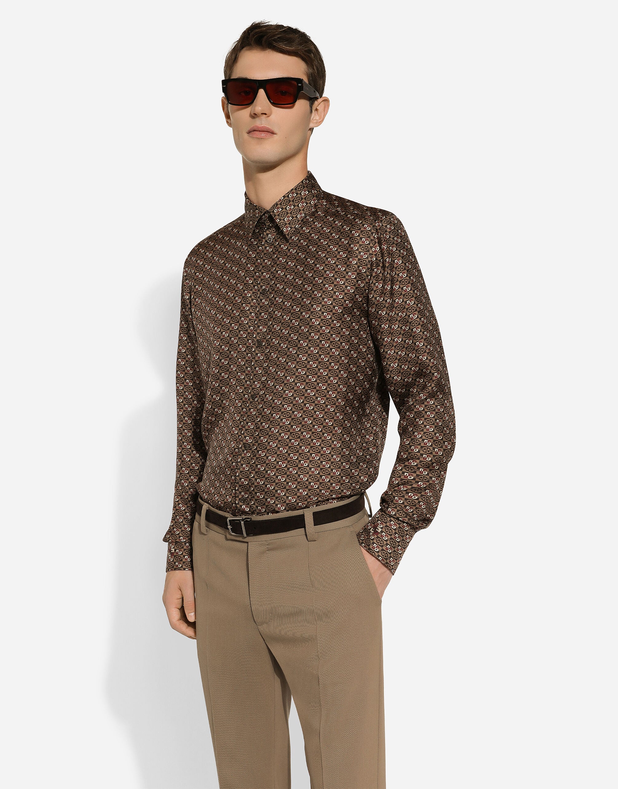 Silk Martini-fit shirt with tie print in Brown for Men