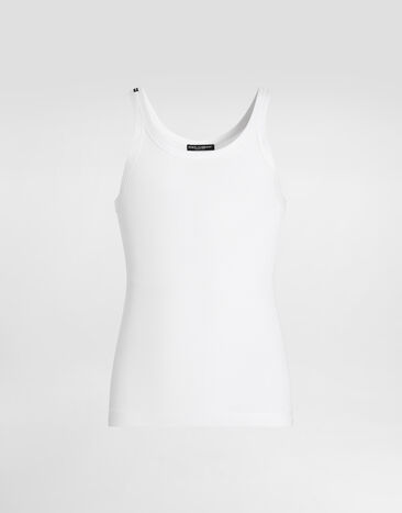 Dolce & Gabbana Tanktop Slim gerippt mit Plakette Weiss G8PA8TG7O6R