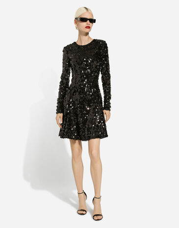 Dolce & Gabbana Short long-sleeved sequined dress Black F6DHCTFLSA8