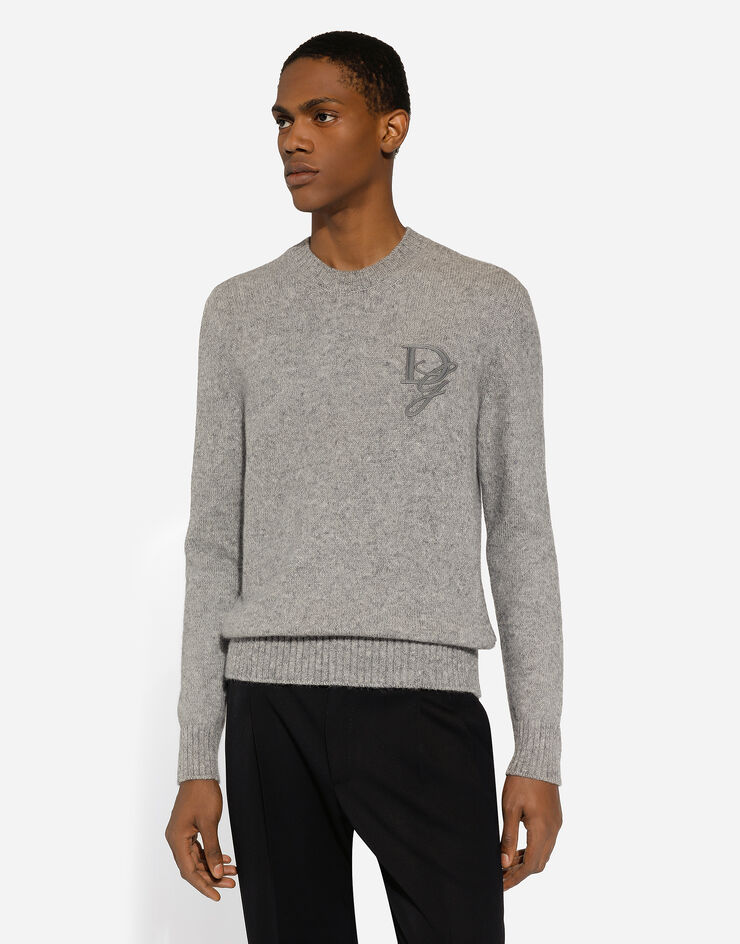 Dolce & Gabbana Round-neck wool sweater with DG embroidery Grey GXX02ZJFMIM