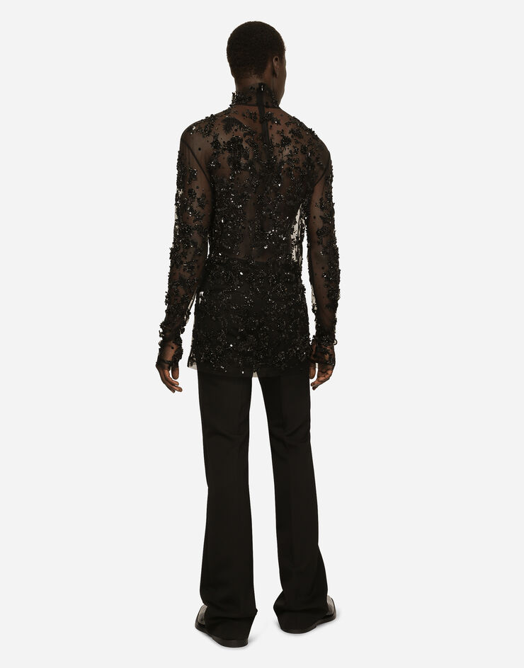 Dolce&Gabbana T-Shirt aus Tüll mit hohem Kragen und Paillettenstickereien Schwarz G8RD9ZG7KG4