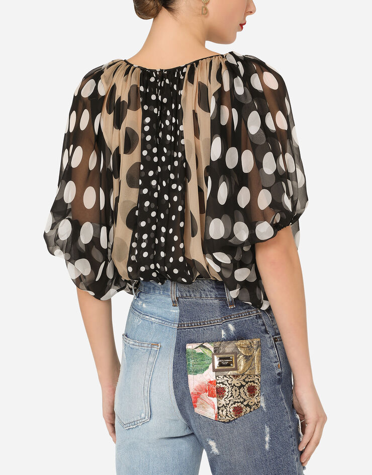 Dolce & Gabbana Short-sleeved patchwork chiffon blouse BLEU F75B1TGDX68
