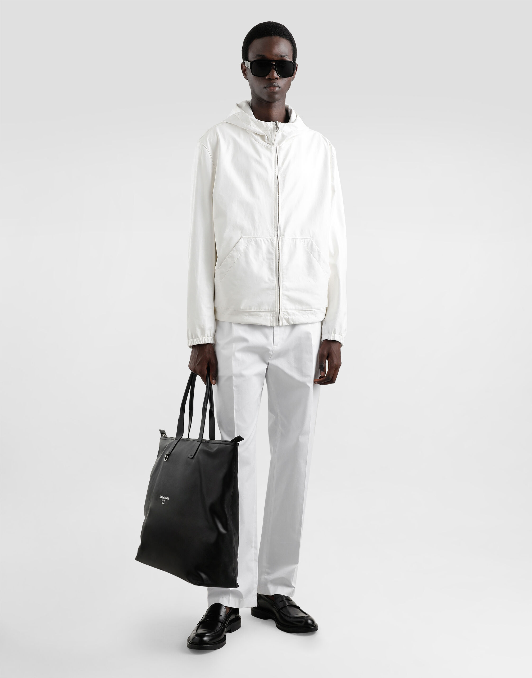 Leather and fabric jacket with reversible hood in White for