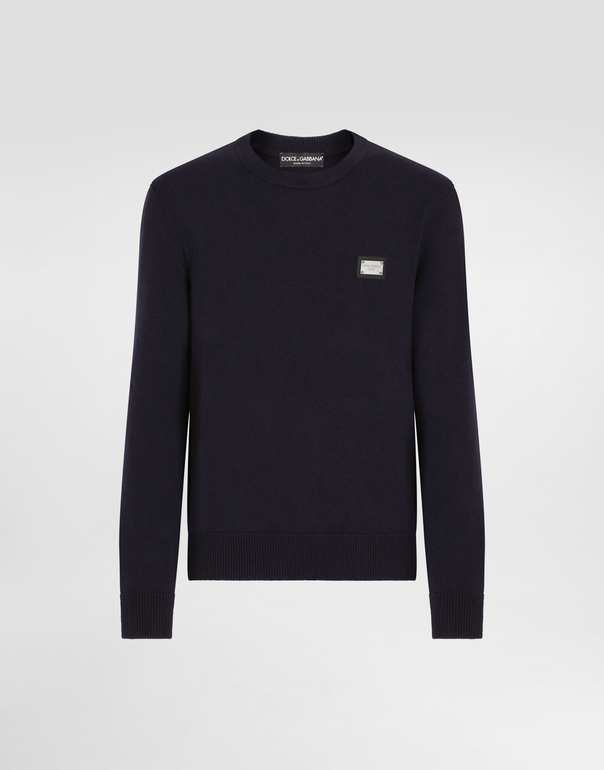 Dolce & Gabbana Wool round-neck sweater with branded tag Blue GXX02ZJCVT9