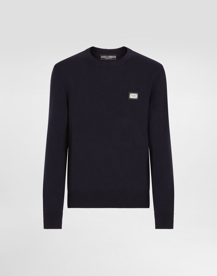 Dolce & Gabbana Wool round-neck sweater with branded tag Blue GXO39TJEMQ4