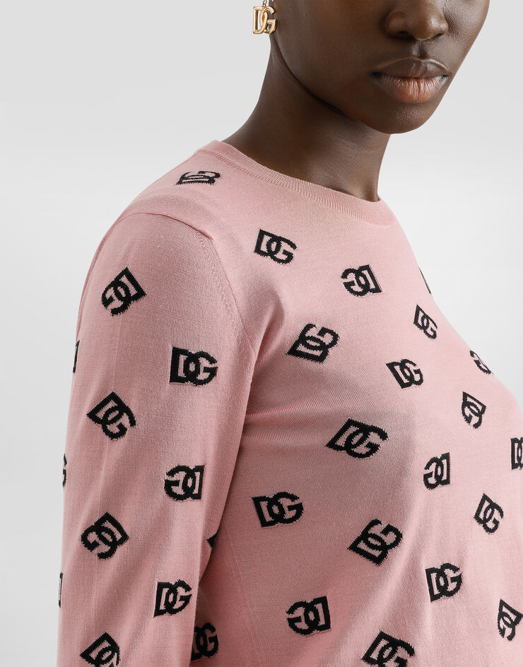 Dolce & Gabbana Wool and silk jacquard sweater with contrasting DG logo Pink FXJ34TJFMGS