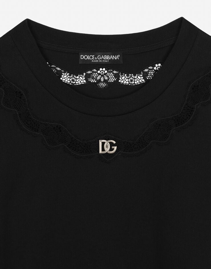 Dolce & Gabbana T-shirt in jersey con inserti in pizzo e logo DG Nero F8T66ZG7H1Z