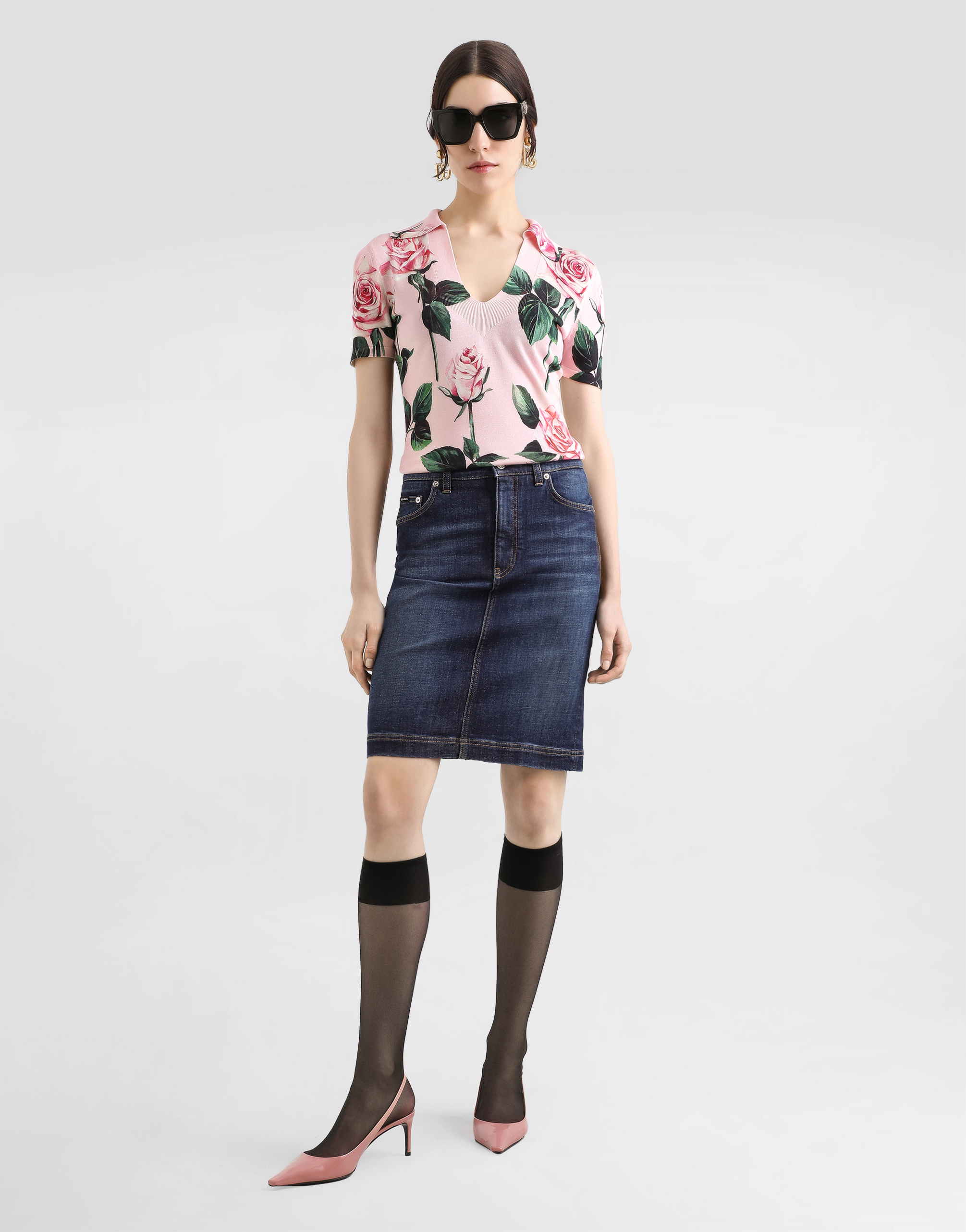 Dolce & Gabbana Rose-print Silk Sweater With Collar In Print