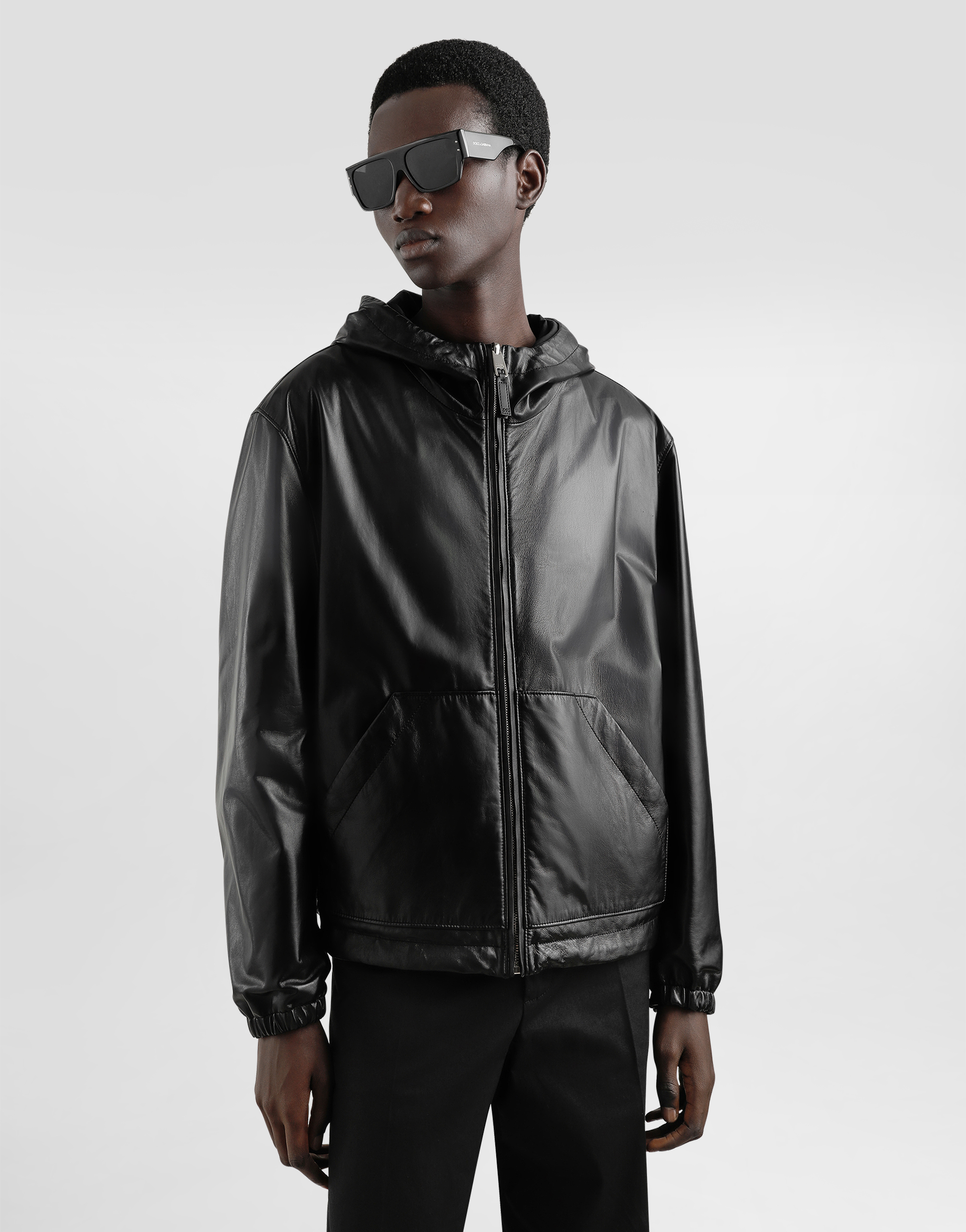 Dolce & Gabbana Leather Double-face Bomber Jacket With Drawstring In Black