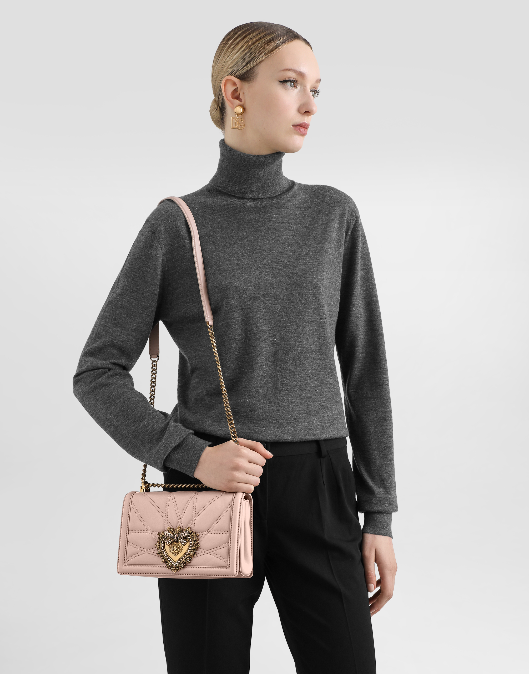 Shop Dolce & Gabbana Medium Devotion Bag In Quilted Nappa Leather In Pale Pink