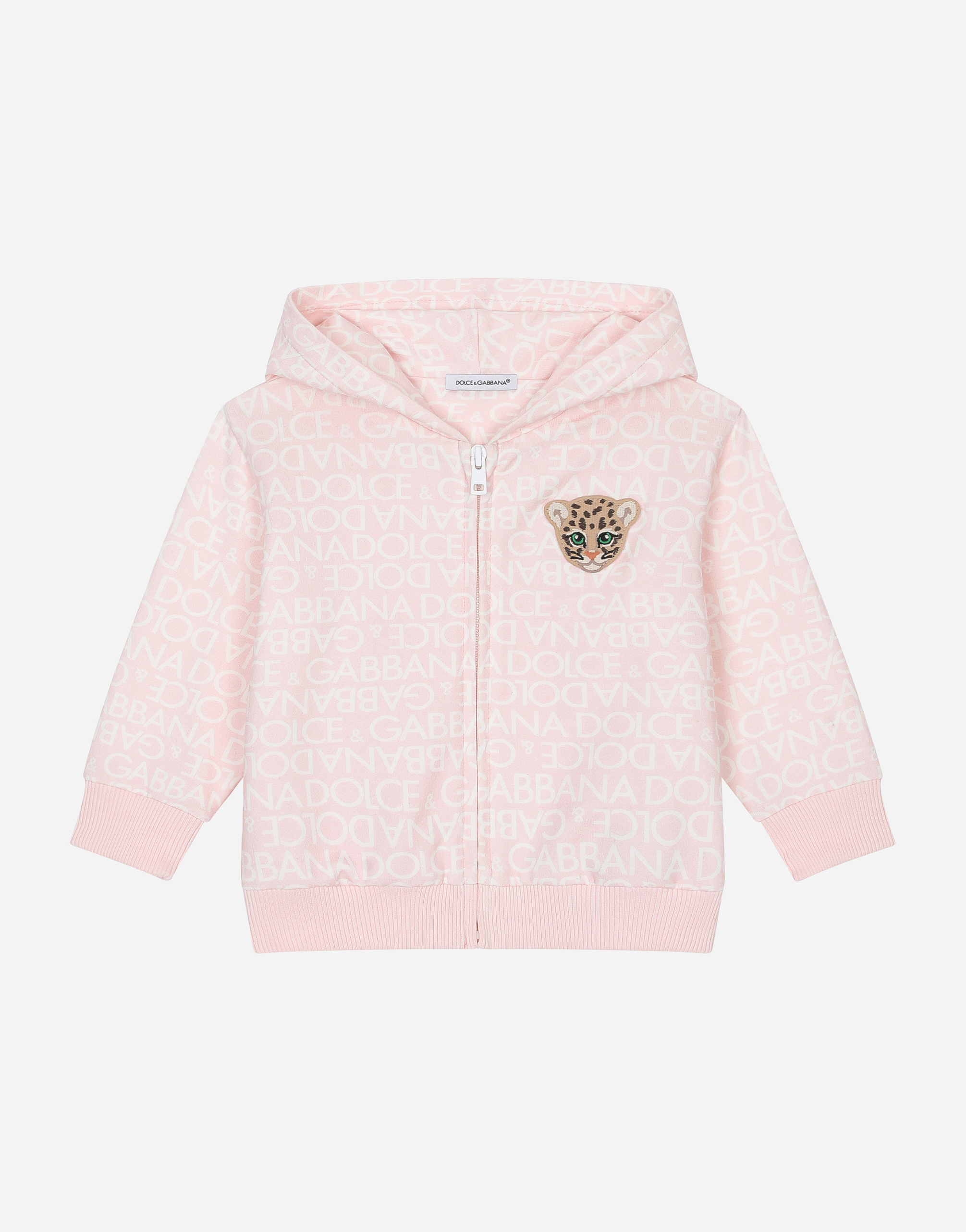 DOLCE & GABBANA JERSEY HOODIE ALL-OVER LOGO PRINT AND PATCH
