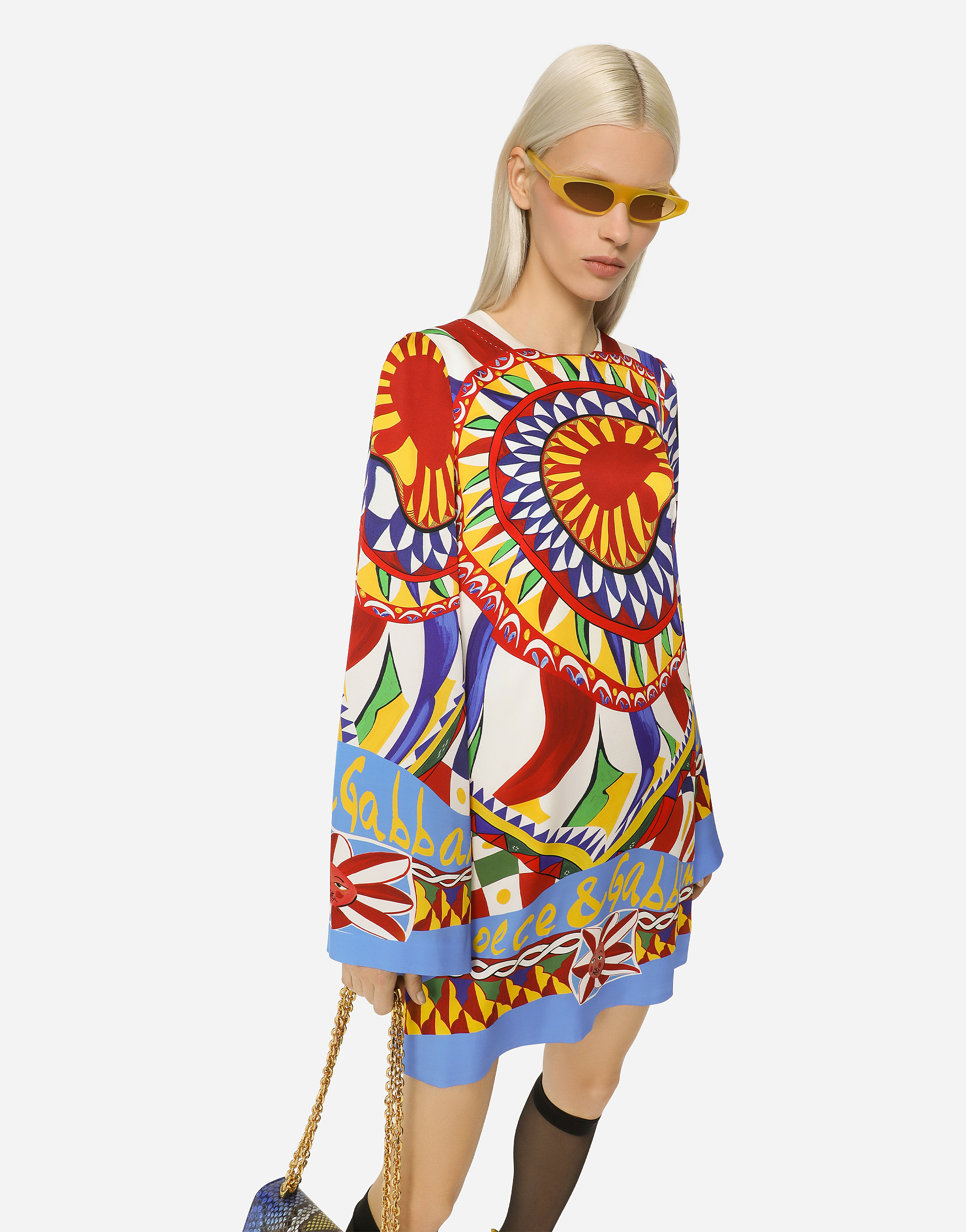 DOLCE & GABBANA SHORT CARRETTO-PRINT CHARMEUSE DRESS