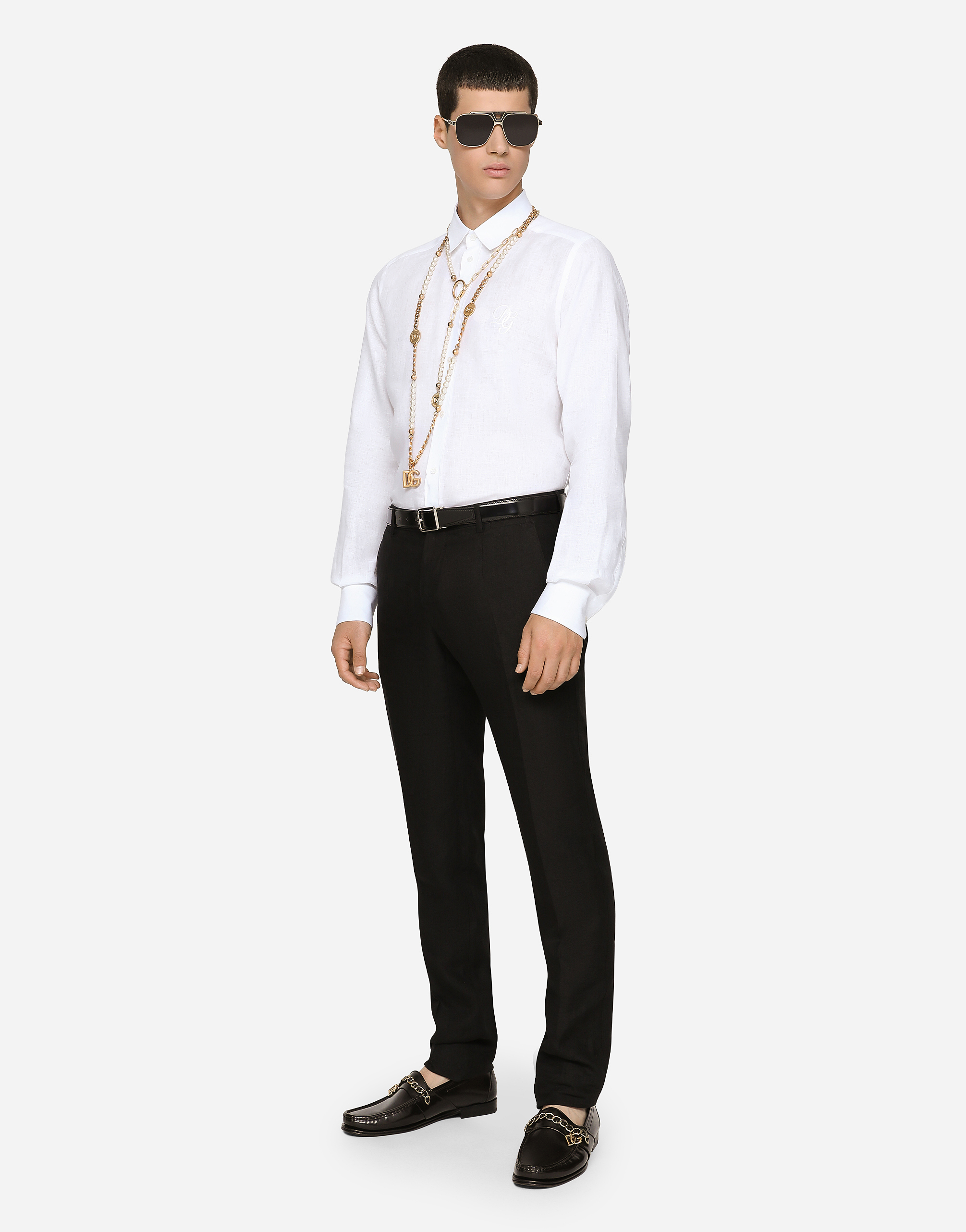 DOLCE & GABBANA LINEN MARTINI-FIT SHIRT WITH DG EMBROIDERY