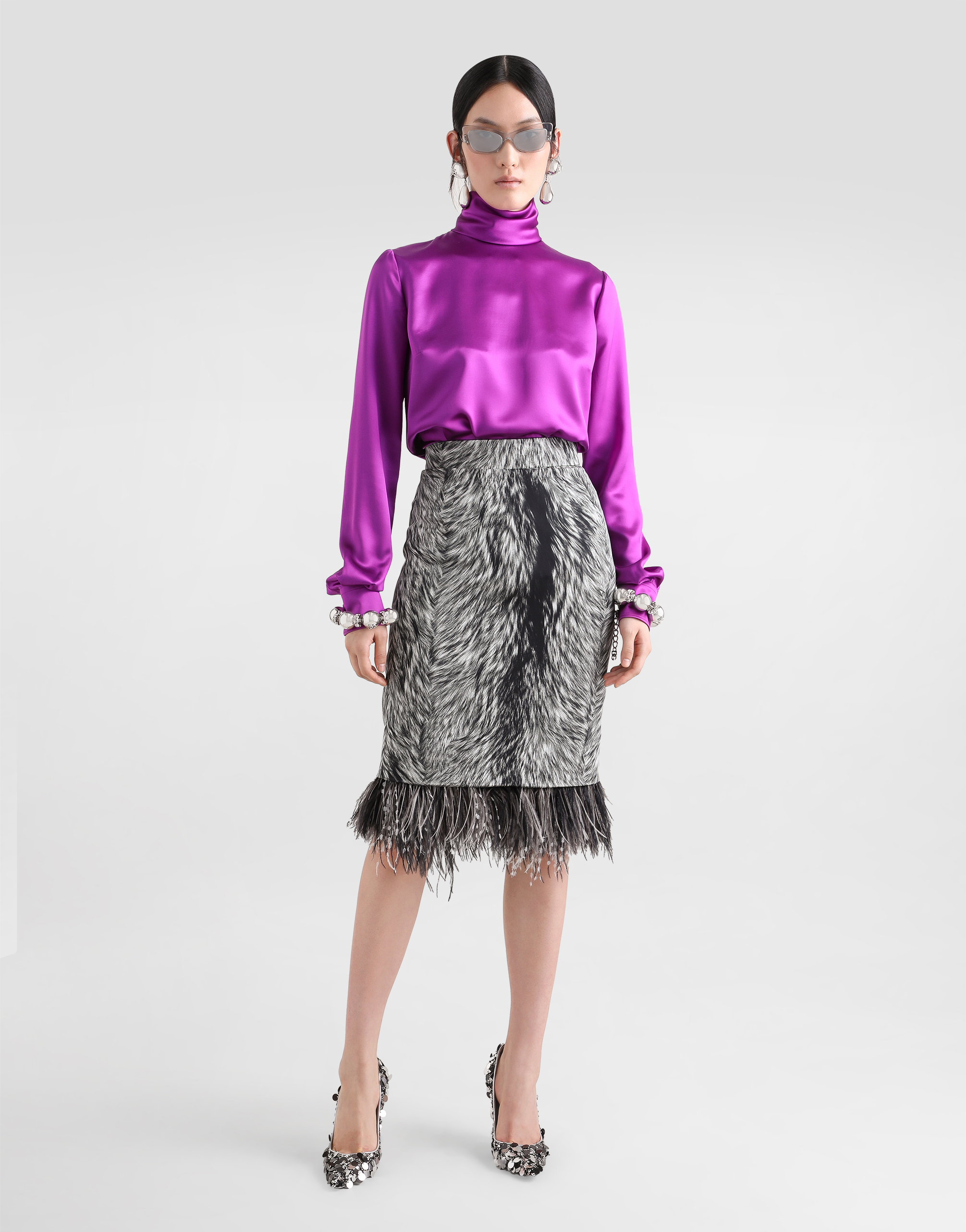 Dolce & Gabbana Silk Satin Sack Top With Turtle-neck In Multicolor