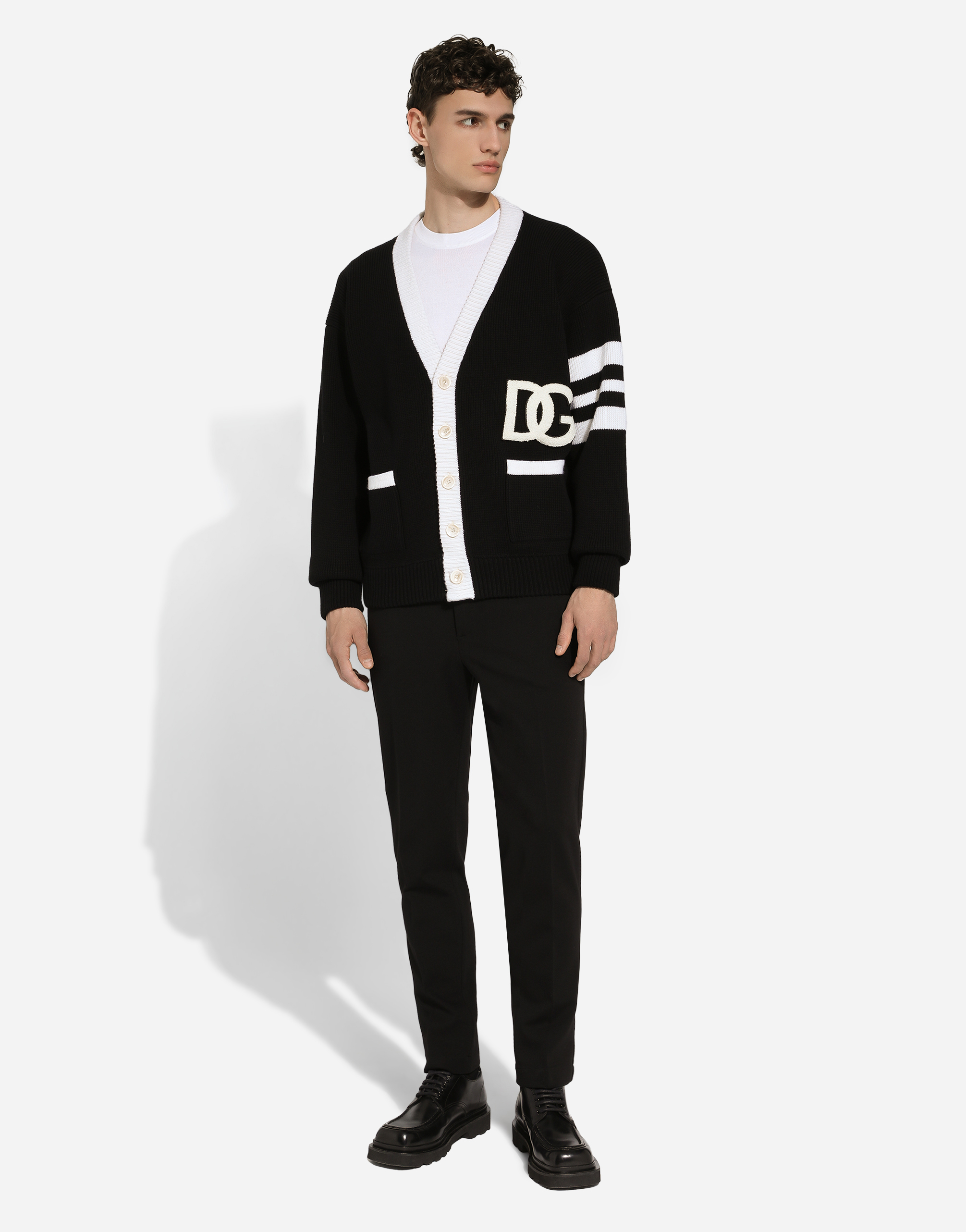 Shop Dolce & Gabbana Wool Fisherman's Rib Cardigan With Dg Logo In Multicolor