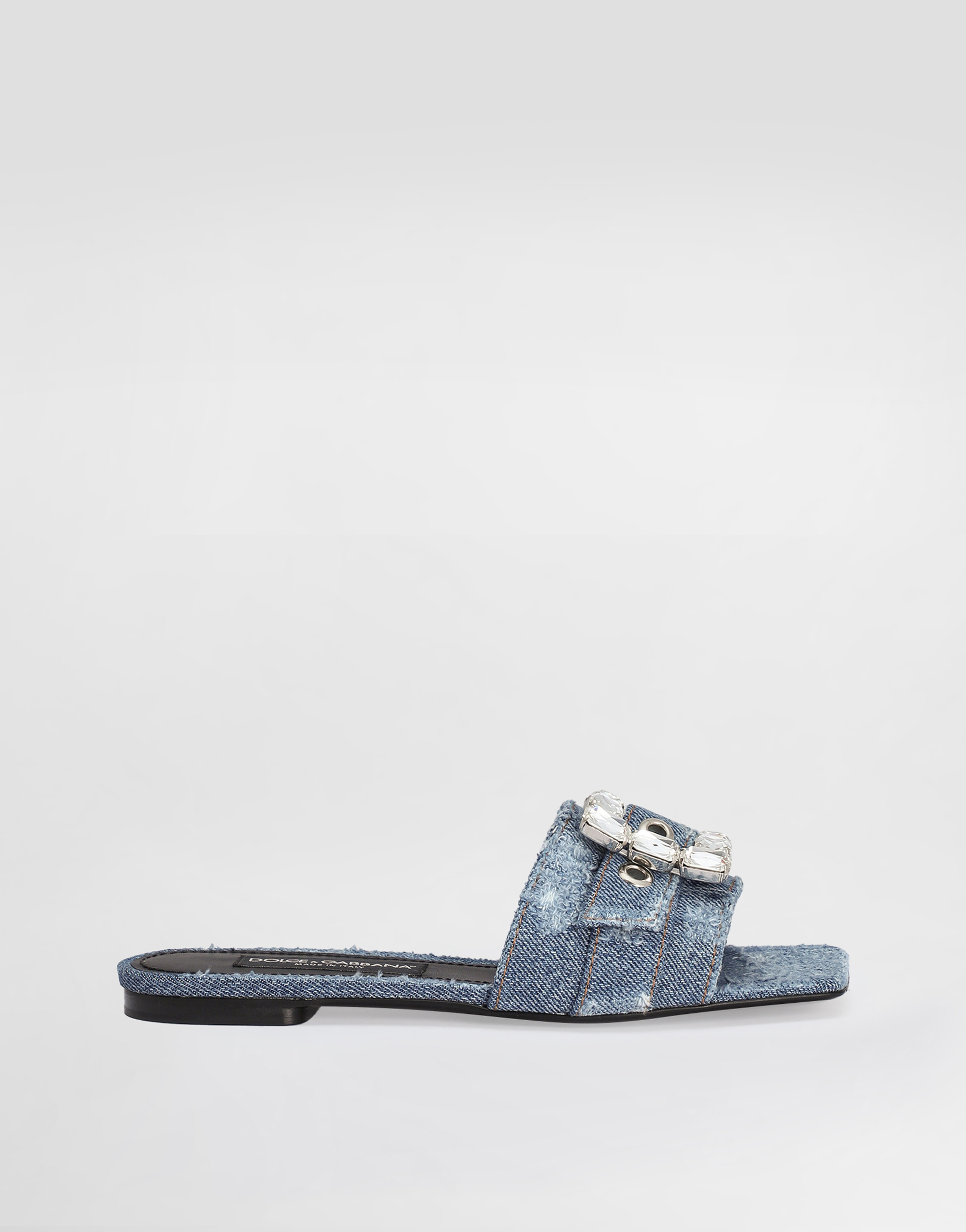 Shop Dolce & Gabbana Patchwork Denim Slides With Rhinestone Buckle In Blue