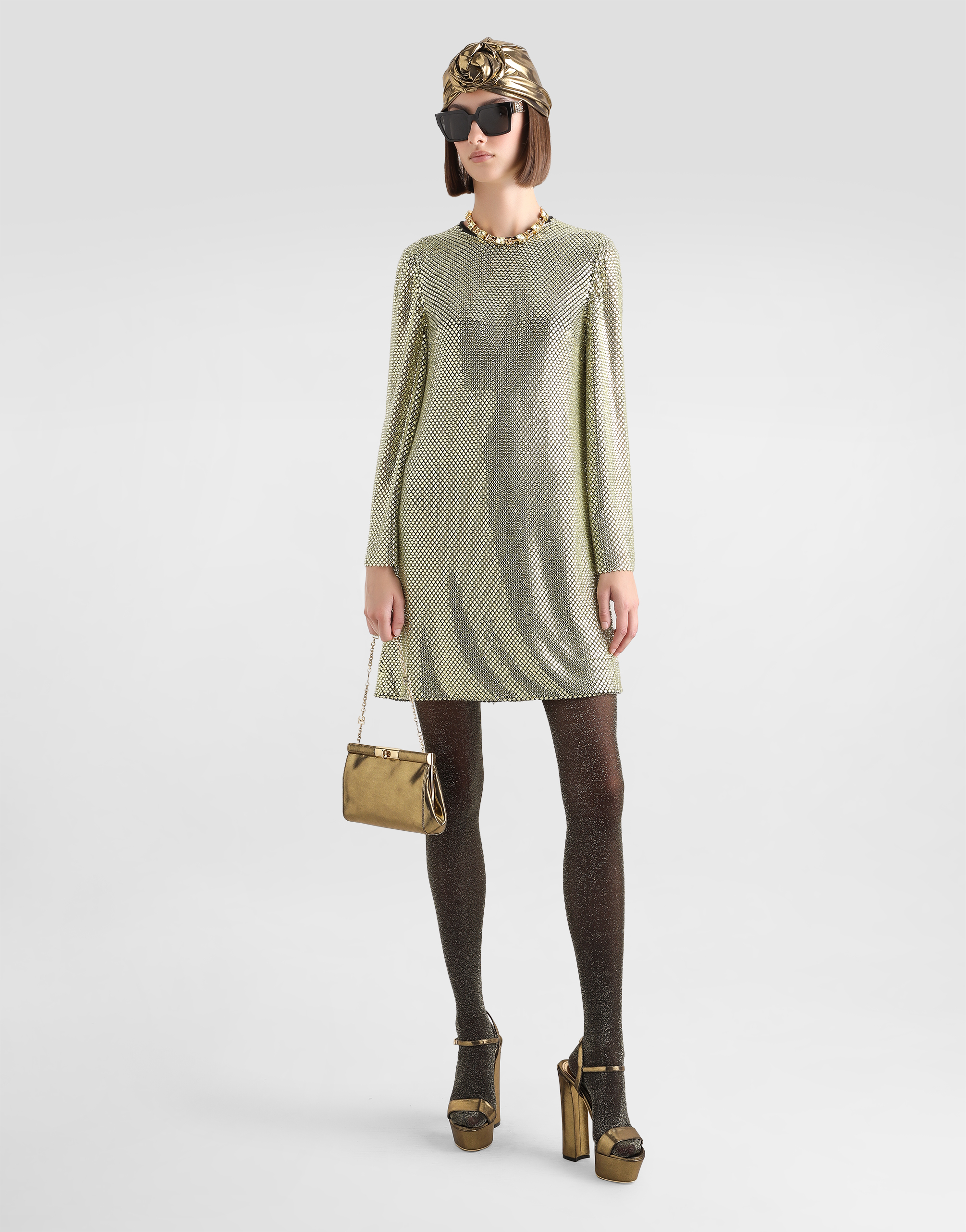 Dolce & Gabbana Short Long-sleeved Dress In Crystal Mesh In Oro