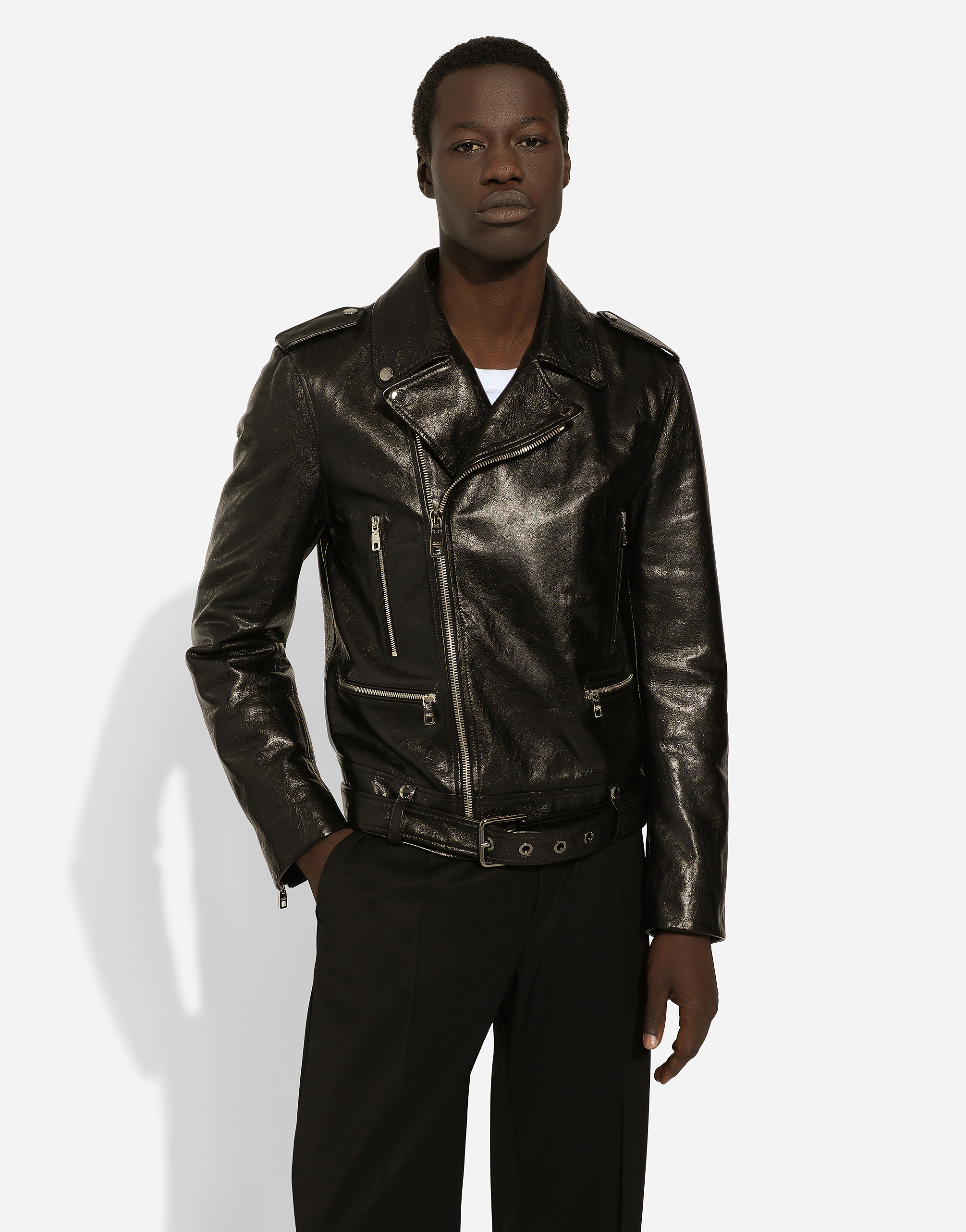 Shop Dolce & Gabbana Belted Leather Biker Jacket In Black