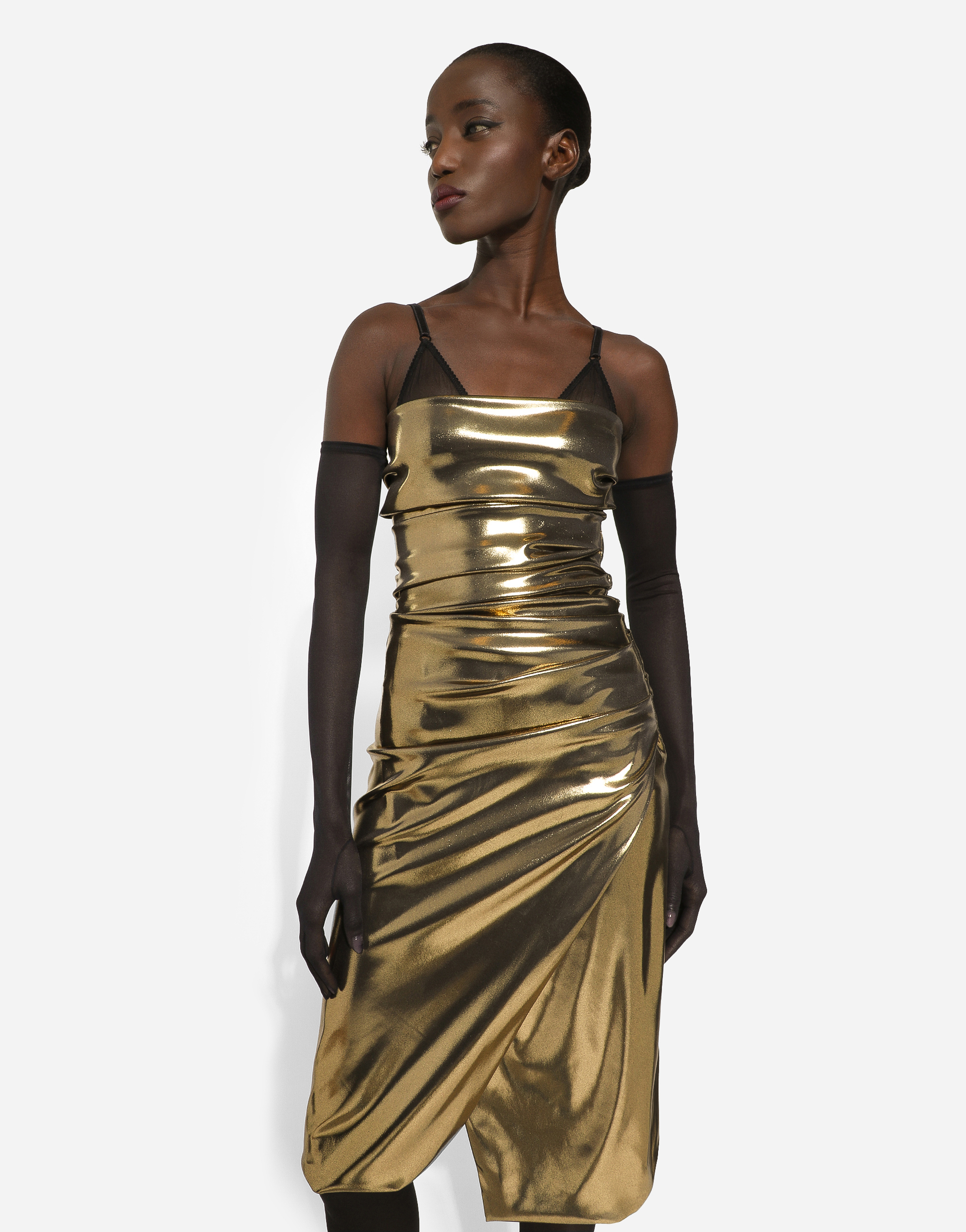 DOLCE & GABBANA FOILED SATIN STRAPLESS CALF-LENGTH DRESS